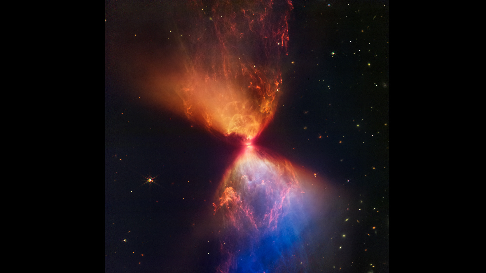 Hourglass shaped cosmic matter in vibrant orange and blue against the black void of space.