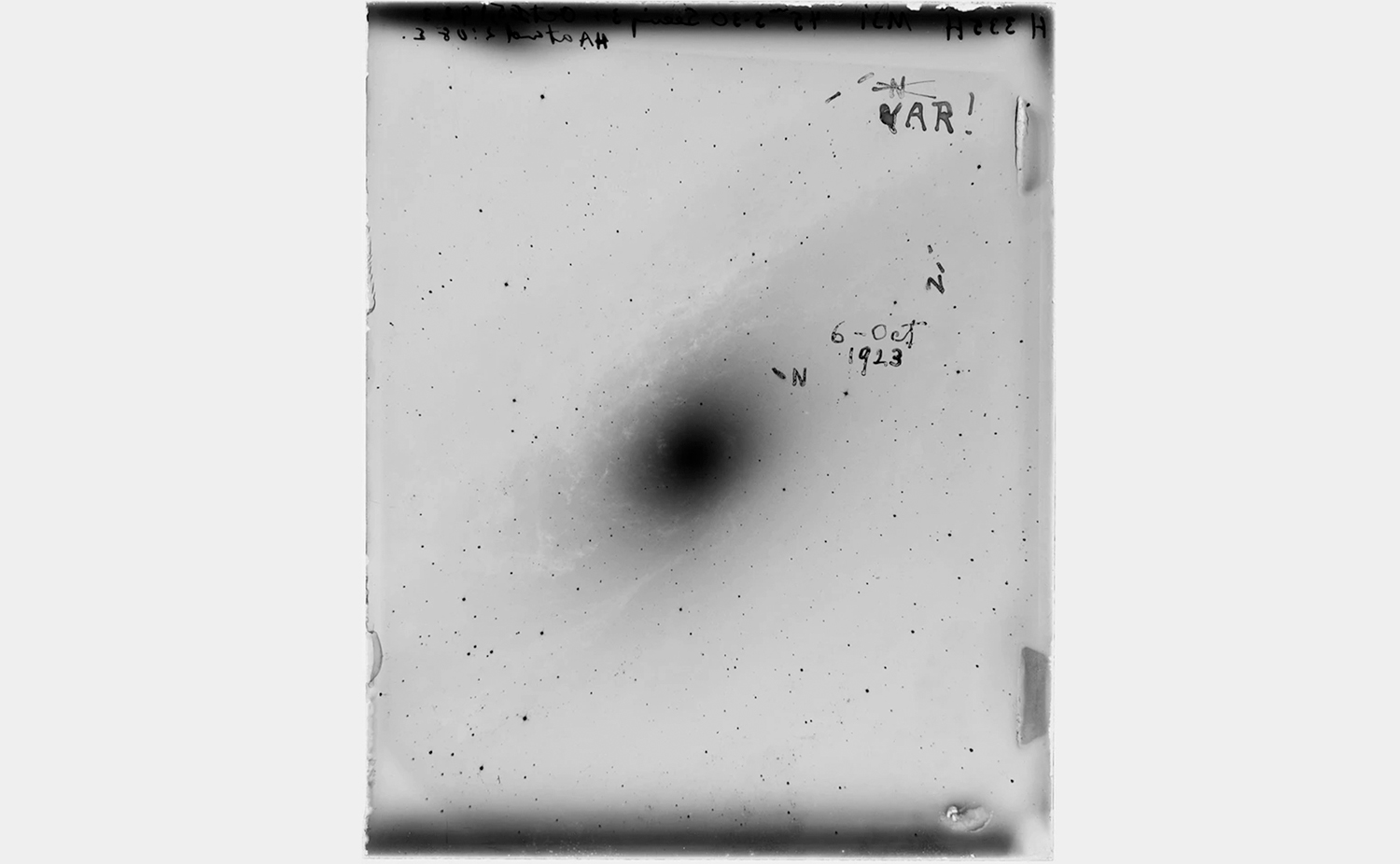 Black and white photo of the Andromeda Galaxy on a glass plate.