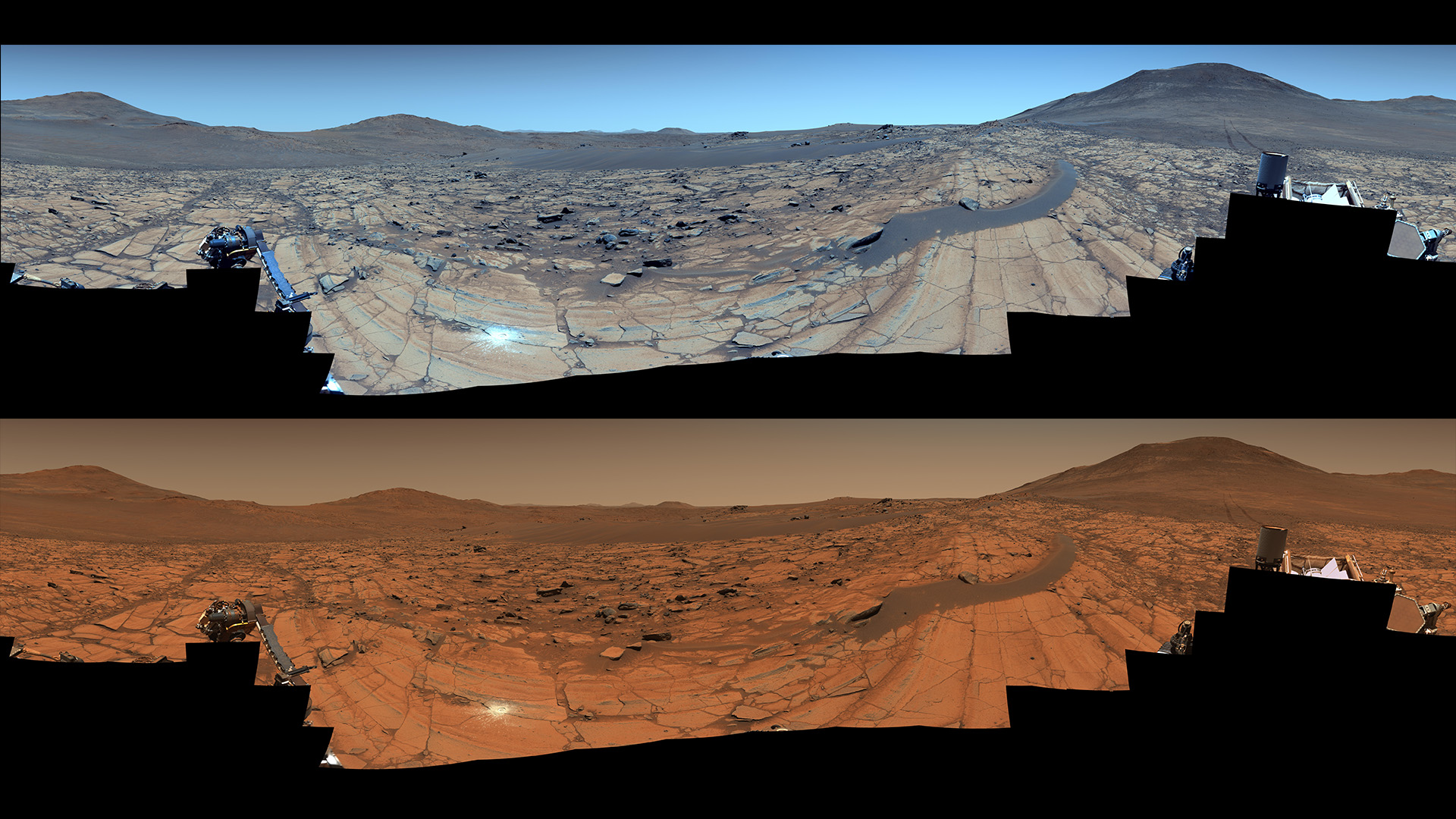 Wide views of a rocky Mars landscape split into two color versions.