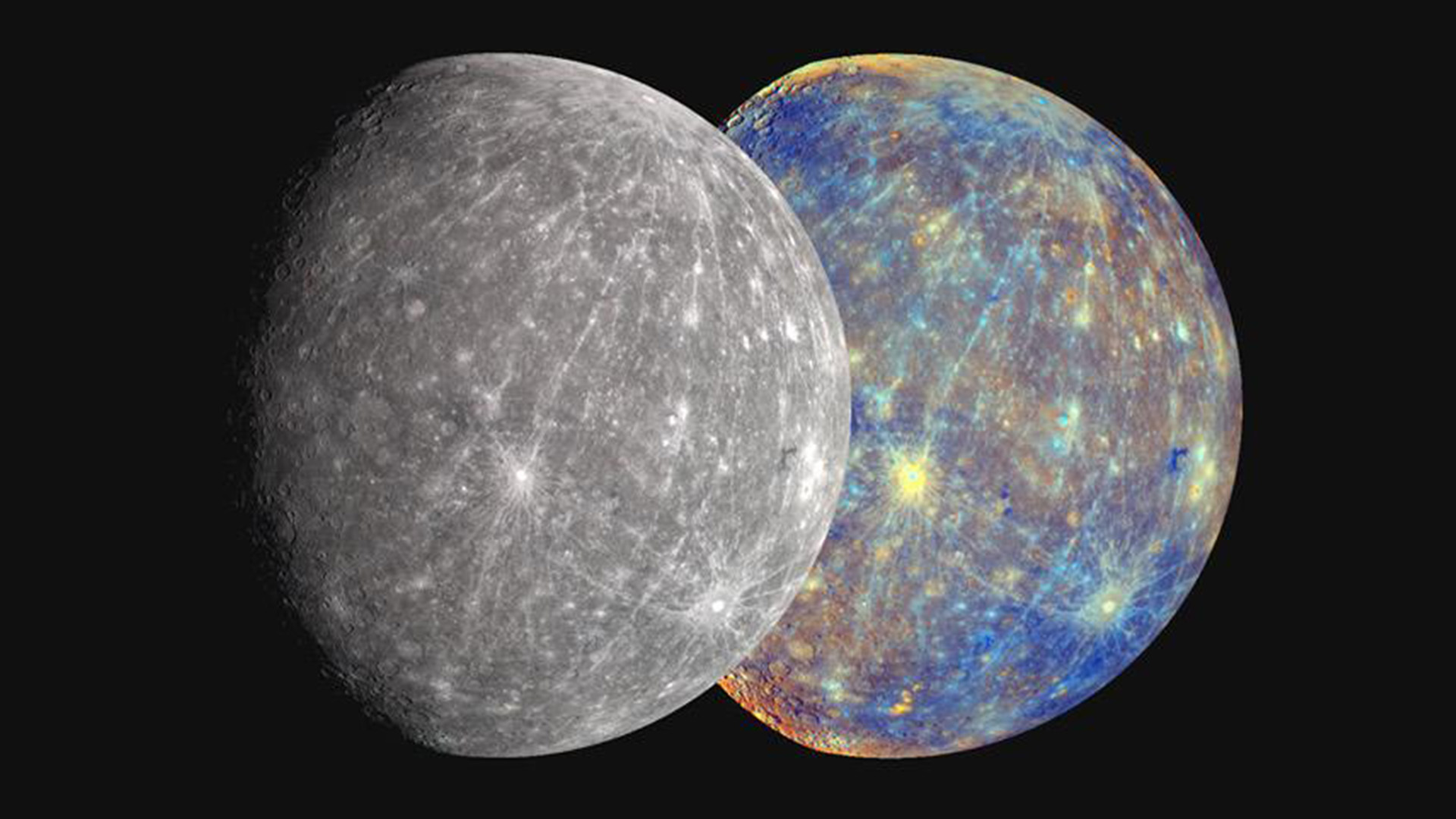 Side by side images of Mercury, on the left a monochrome view, and on the right a vibrant colorful view.