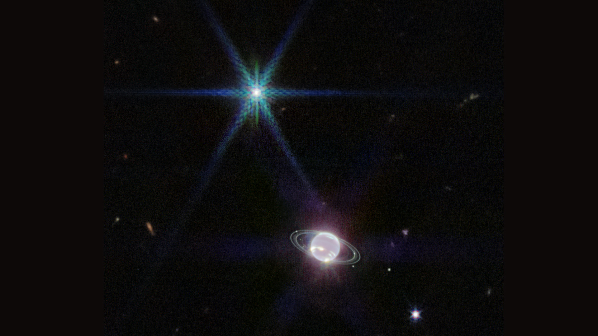 A shimmering and opalescent Neptune and its large moon, which appears as an eight-pointed star.