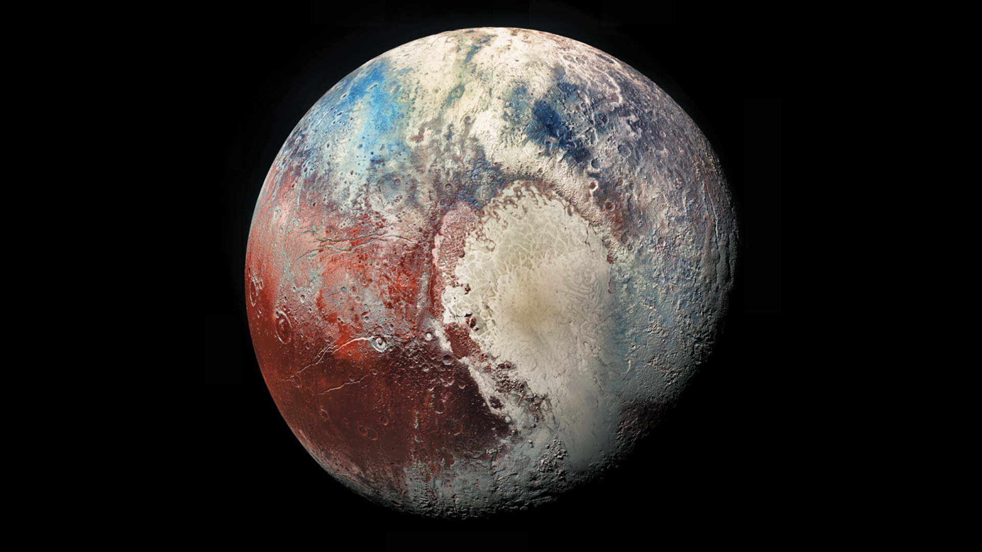 Colorful image of Pluto showing its complex surface and set against the black expanse of space.