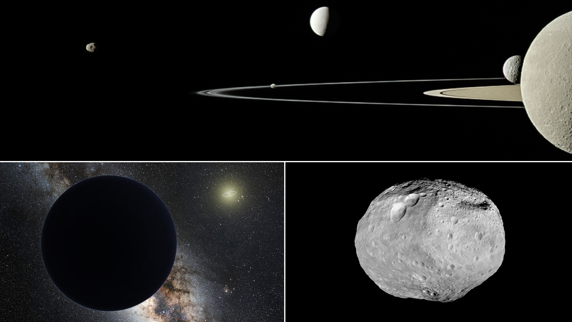 A composite image showing Saturn and its rings, and several moons of Saturn.