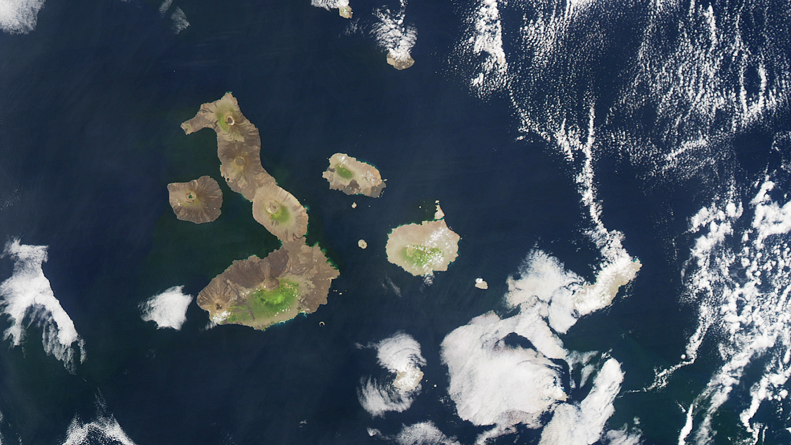 Satellite image of the GalÃ¡pagos Islands in the Pacific Ocean.