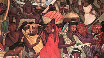 Detailed mural depicting a bustling Aztec marketplace in Tenochtitlan, painted with vibrant colors.